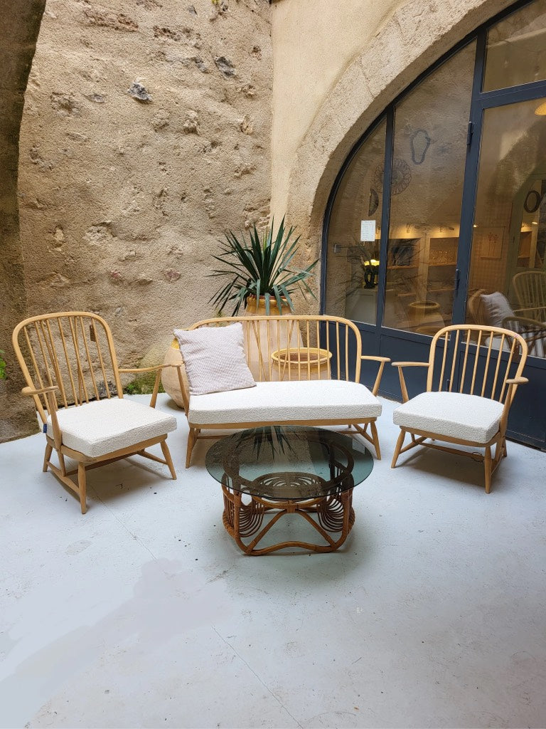 Fauteuil Windsor Ercol N°2 - Bois massif et tissu bouclette blanc