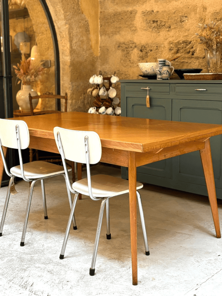 Table à Manger à Rallonges en Bois - Pieds Compas Années 50